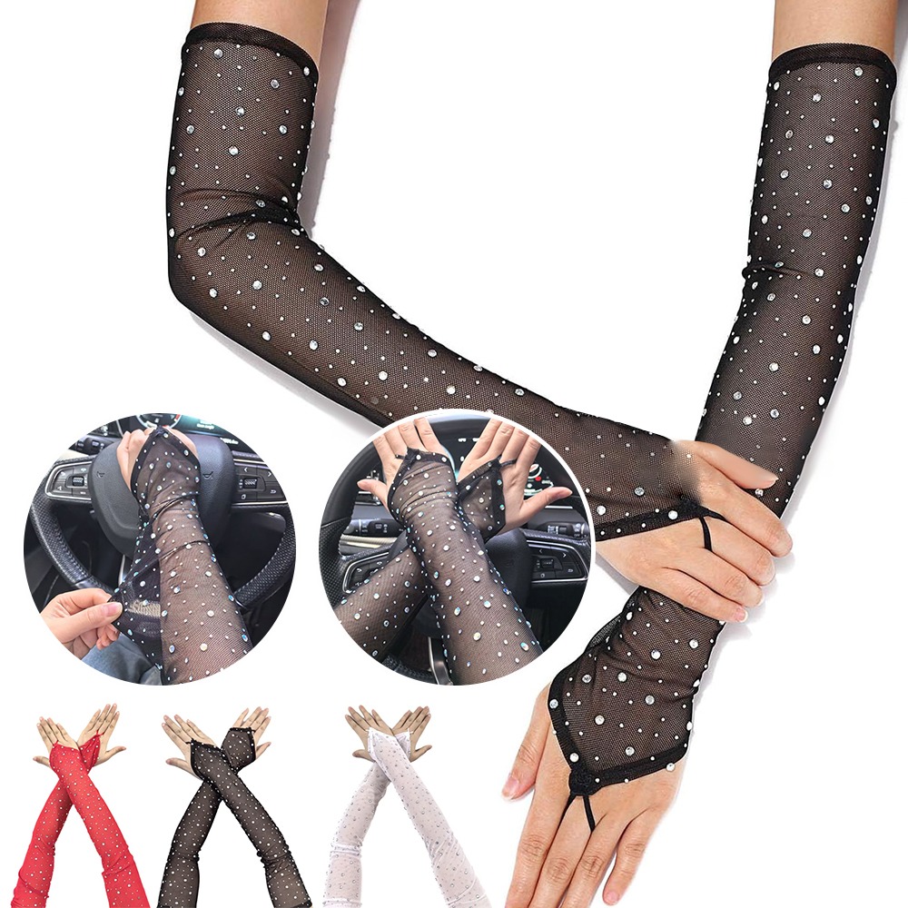1組の光沢のあるラインストーンメッシュ手袋、中指にフック付き - Fingerless Glove Knit のレビューと価格
